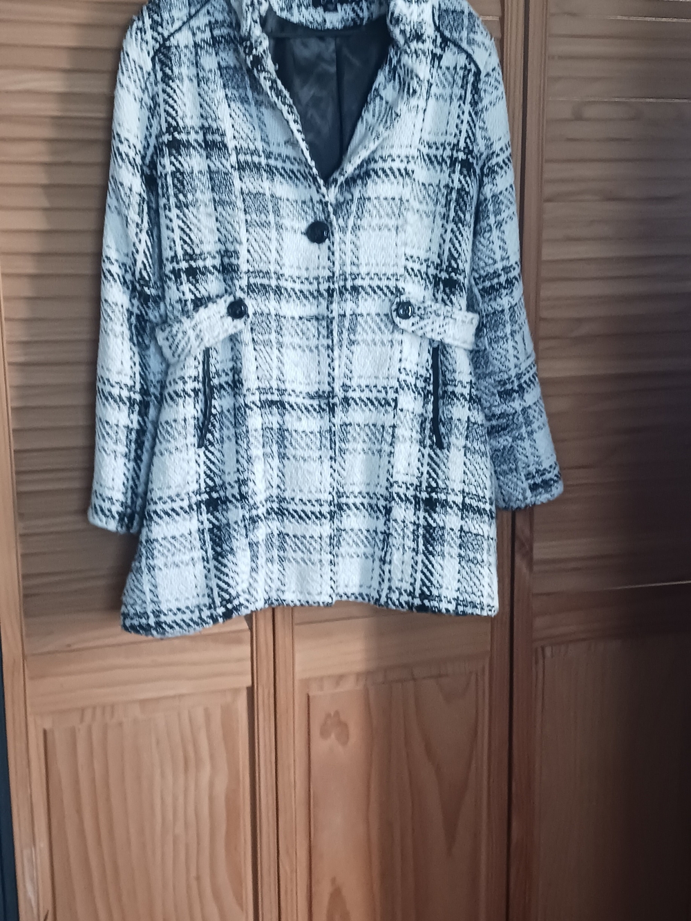 by & by Black and White Plaid Pea Coat